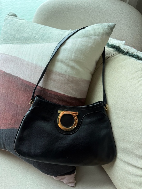 Salvatore Ferragamo Handbags - Salvatore Ferragamo Black Leather Shoulder Bag with Signature gold ring logo.